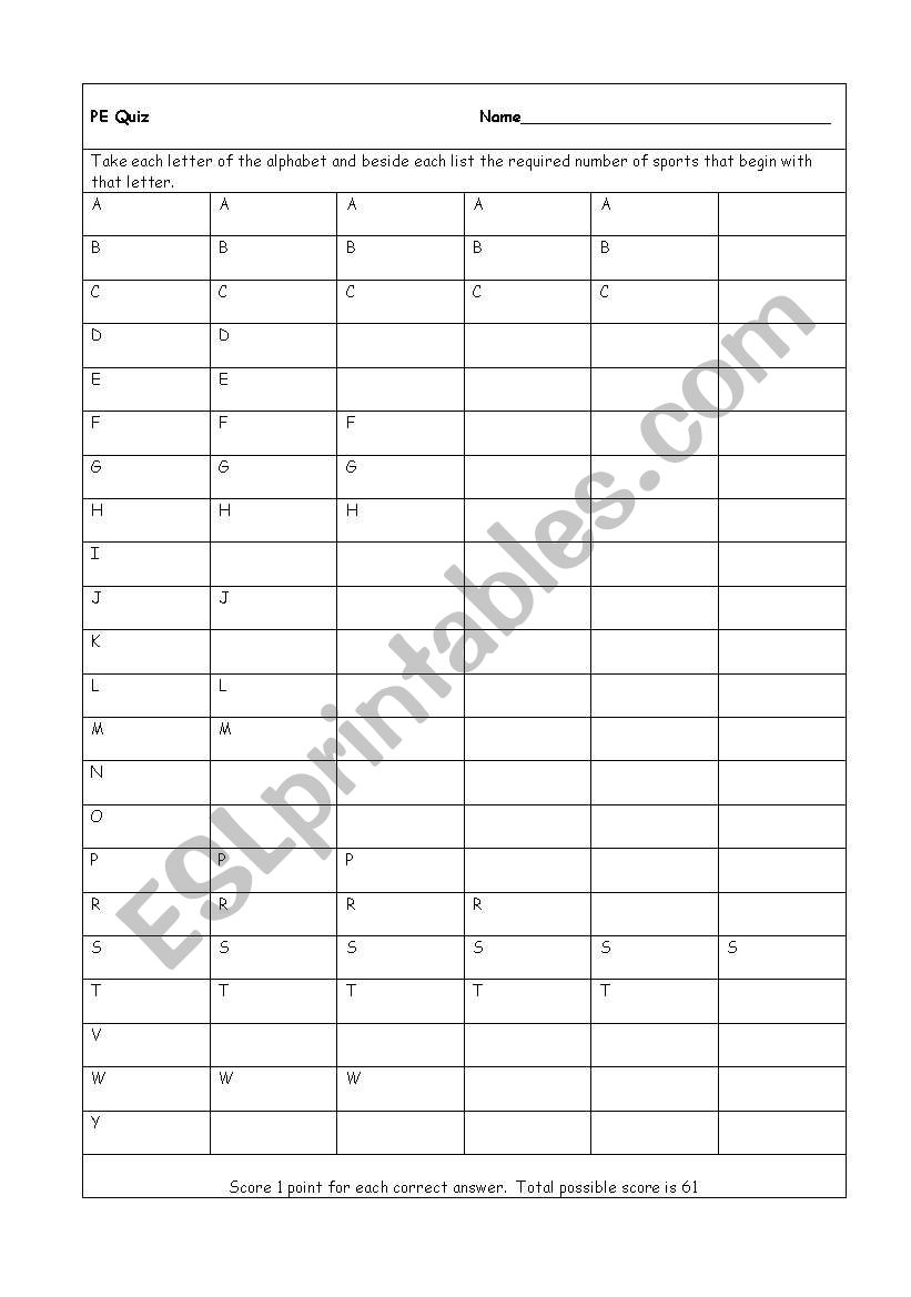 PE Quiz worksheet