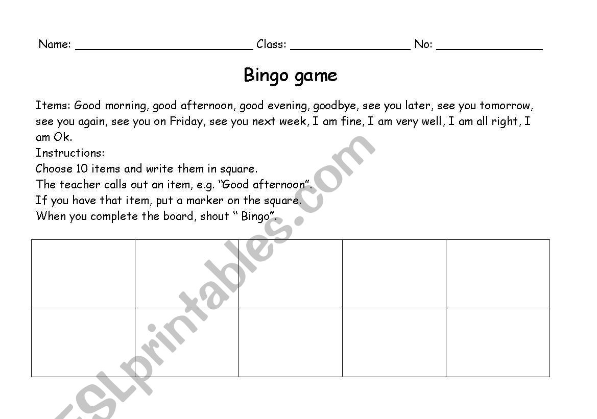 Bingo game worksheet