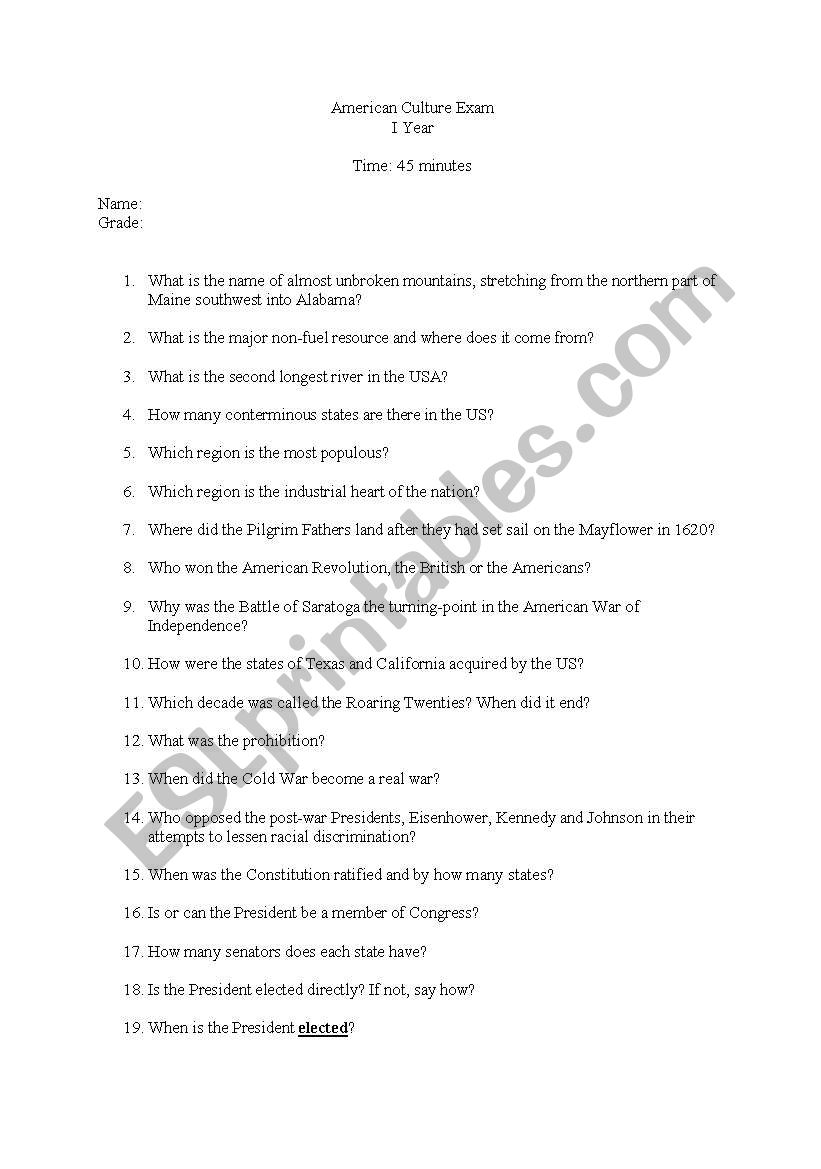 american culture/history exam questions