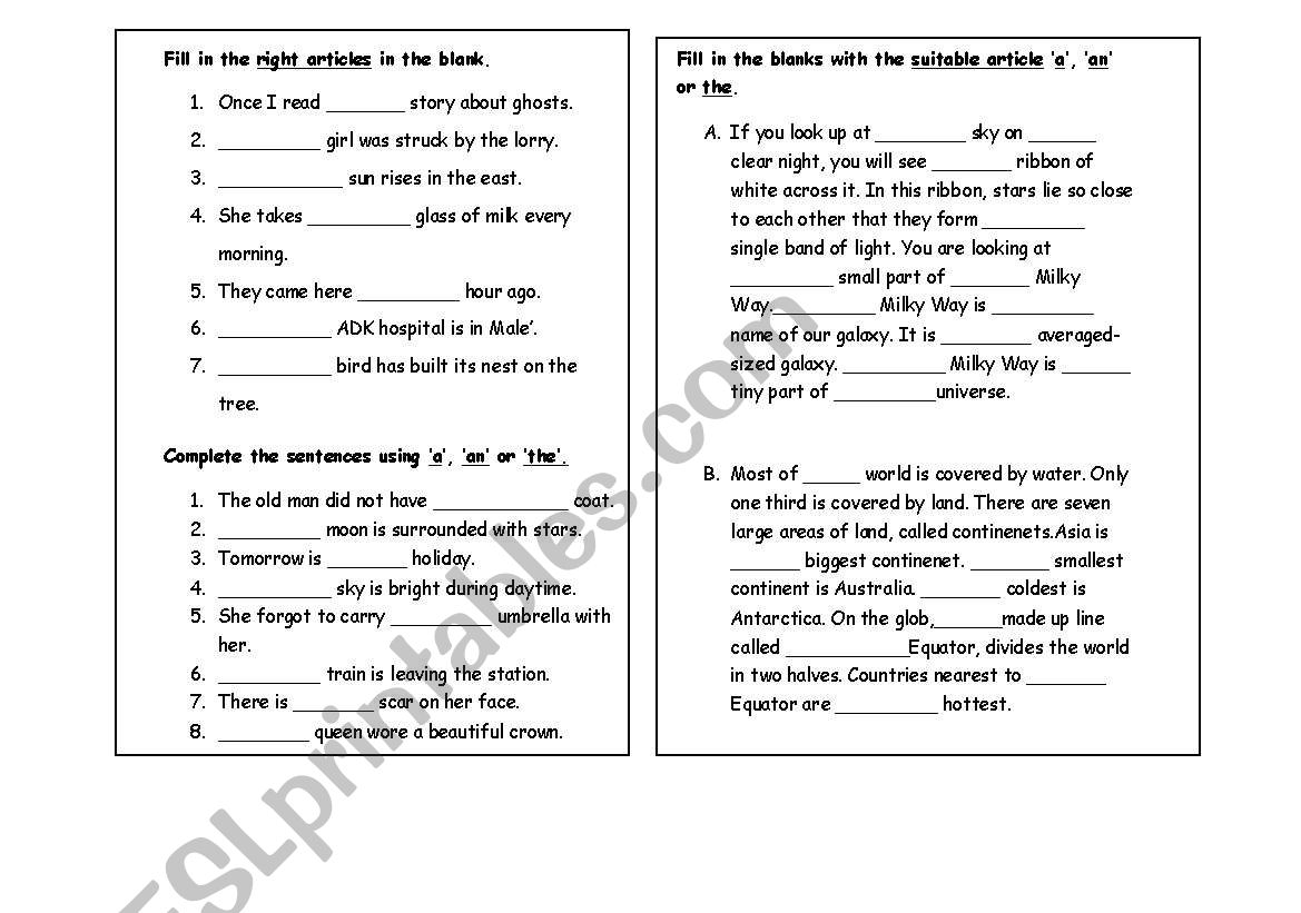 articles worksheet