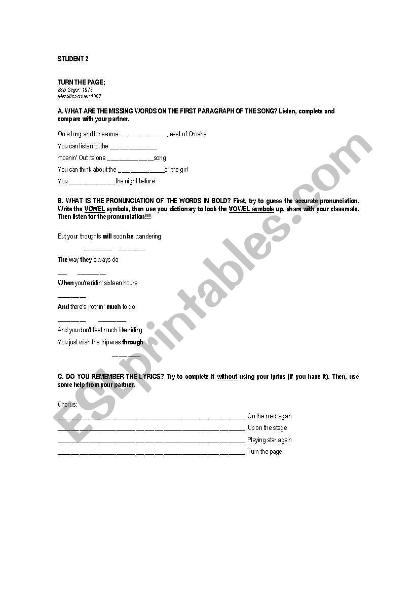 Turn the page (Student 2) worksheet