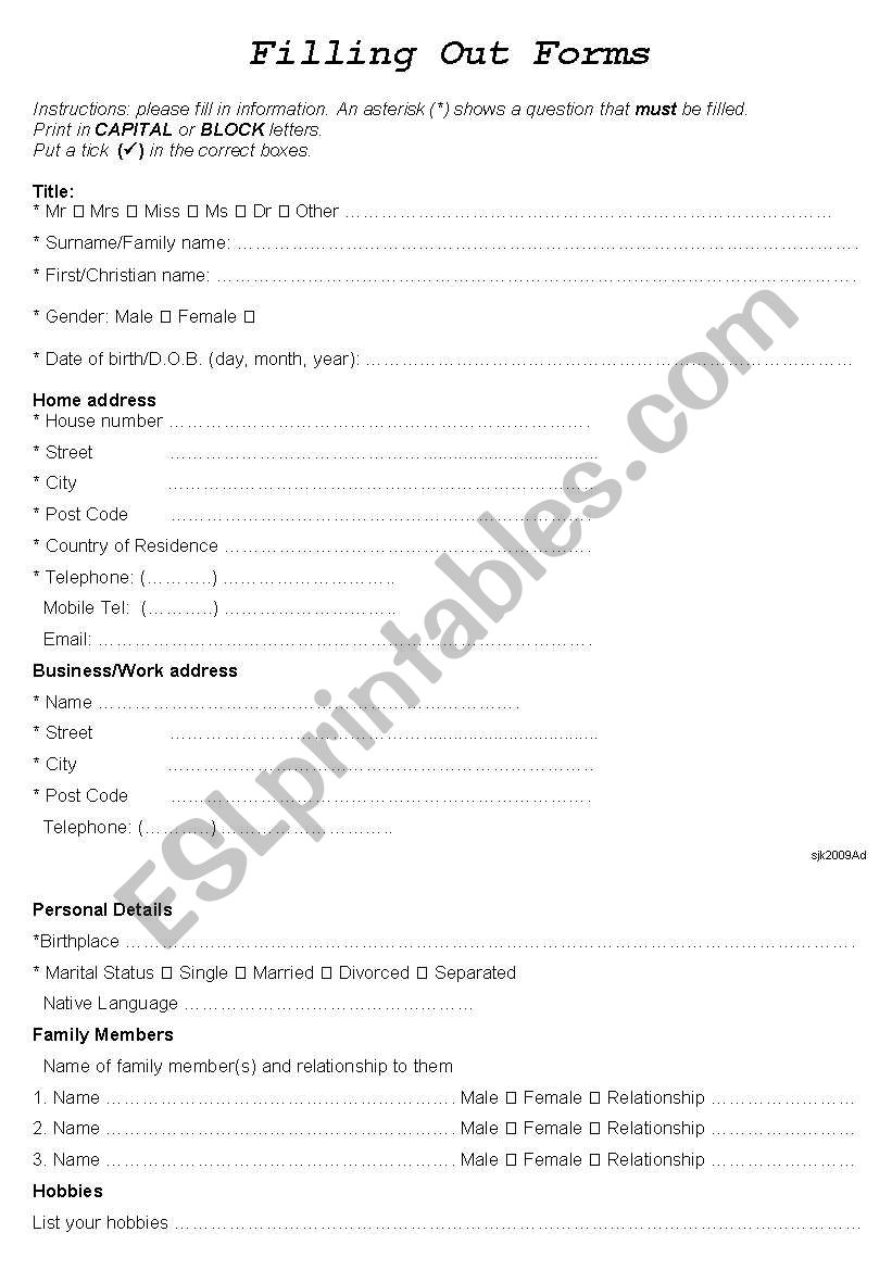 Filling Out Forms ESL Worksheet By Sarahjane68