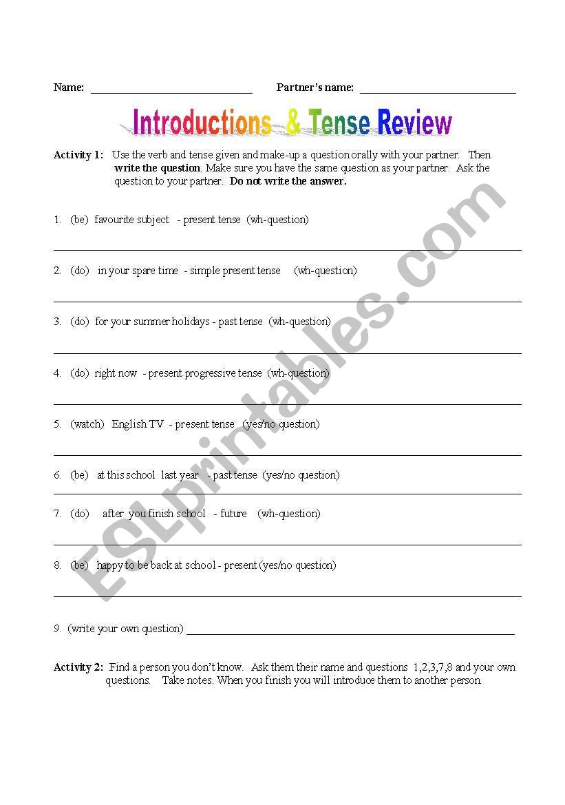 Introductions & Tense Review worksheet