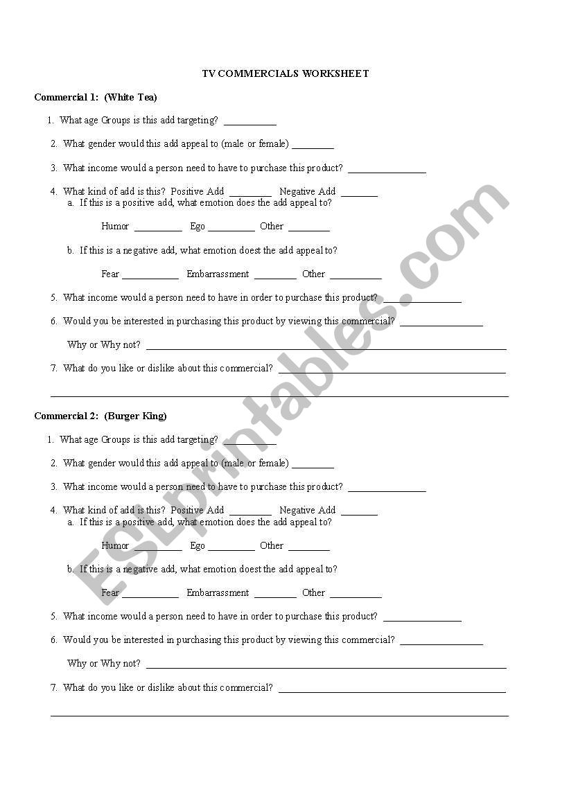 Advertisement Worksheet worksheet