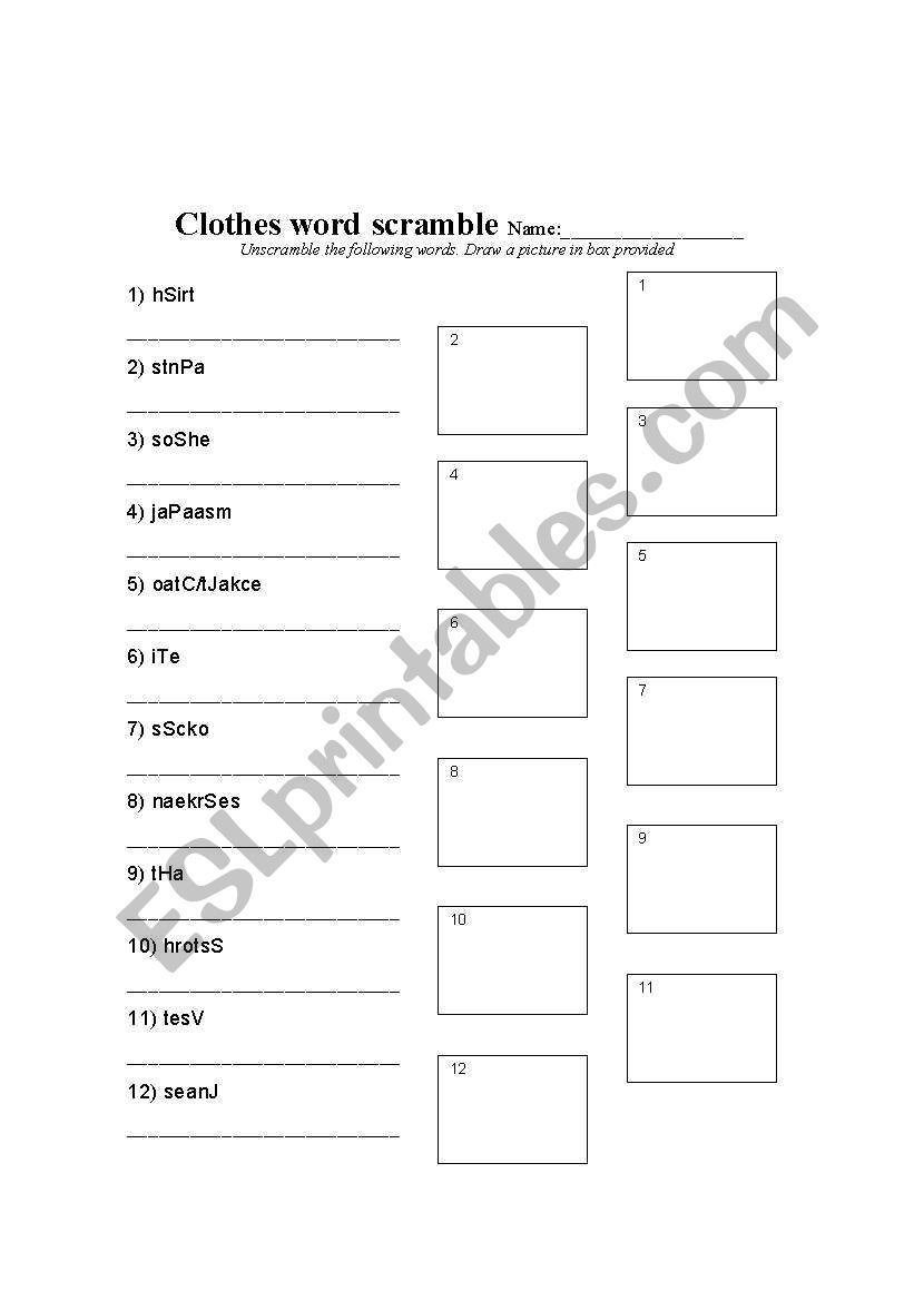 Clothes Word Scramble worksheet