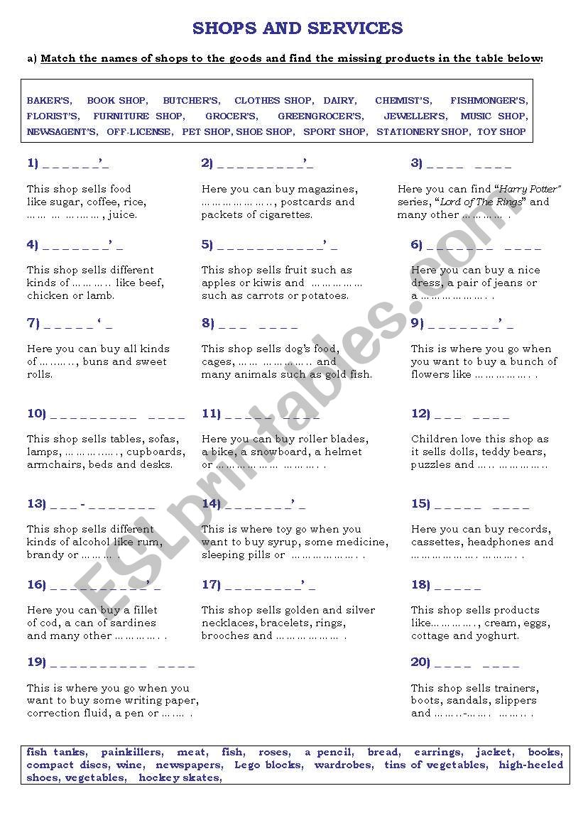 shops and services worksheet