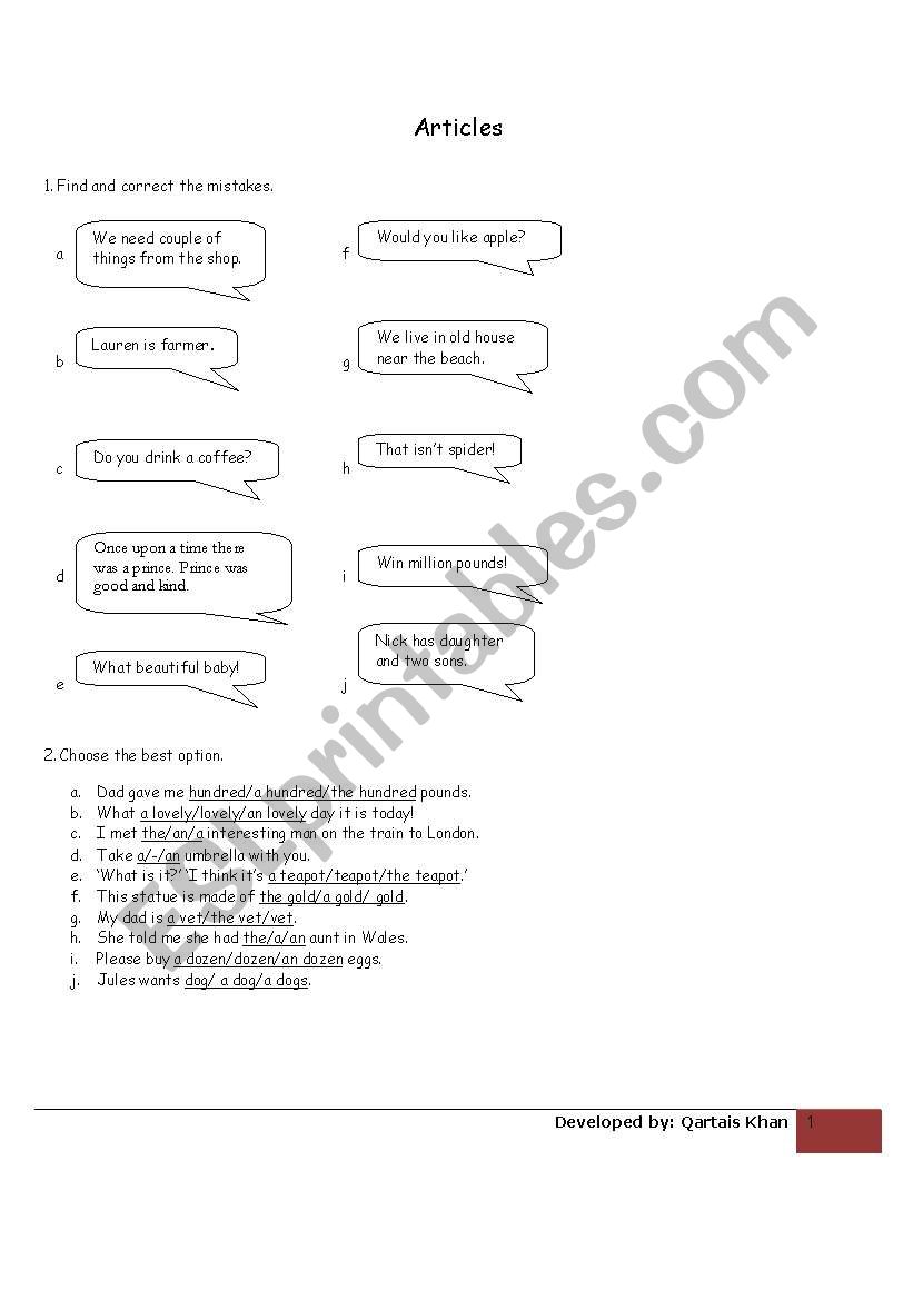 The indefinite article worksheet