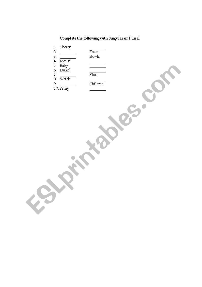 Singular Plural worksheet