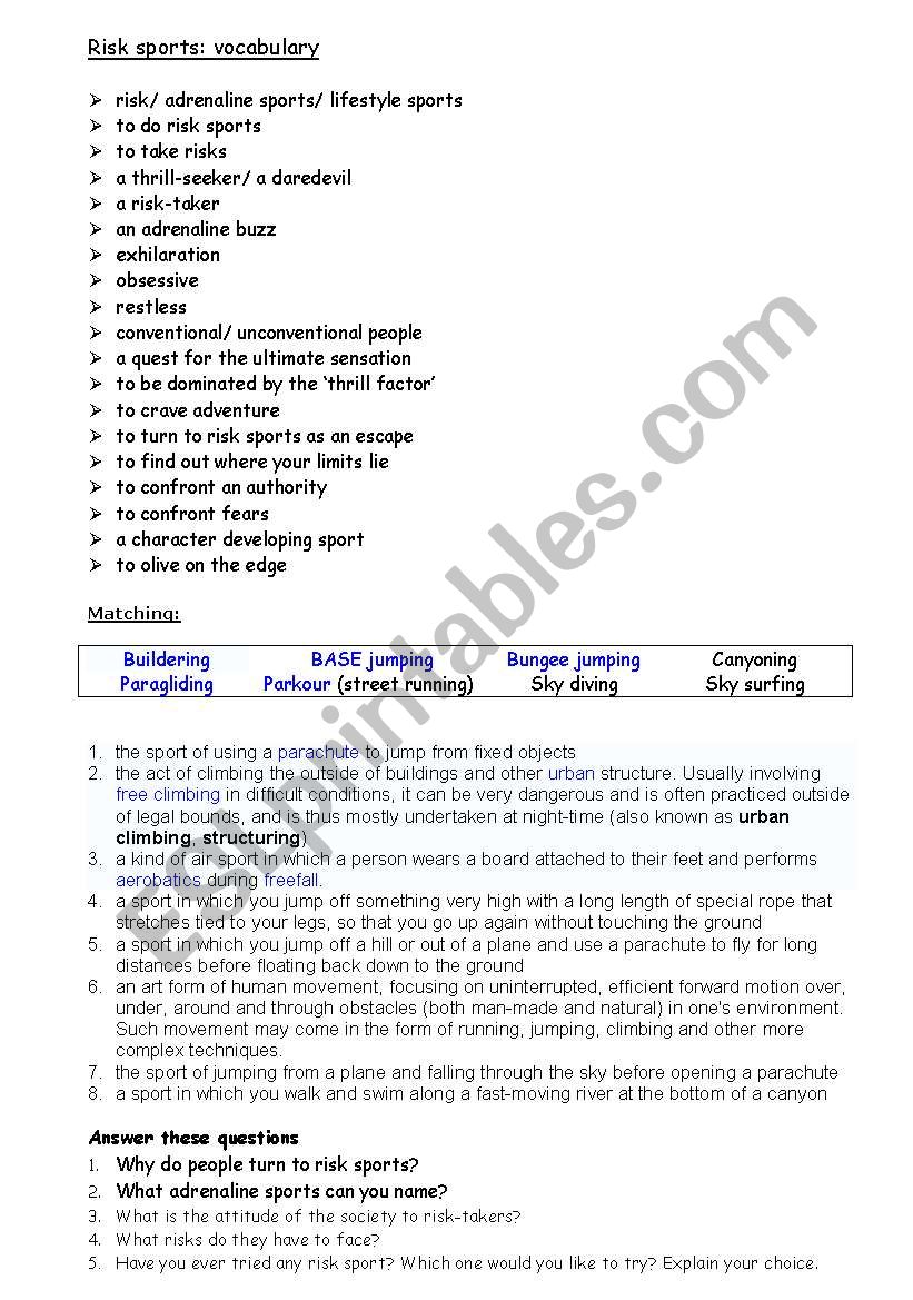 Risk Sports worksheet