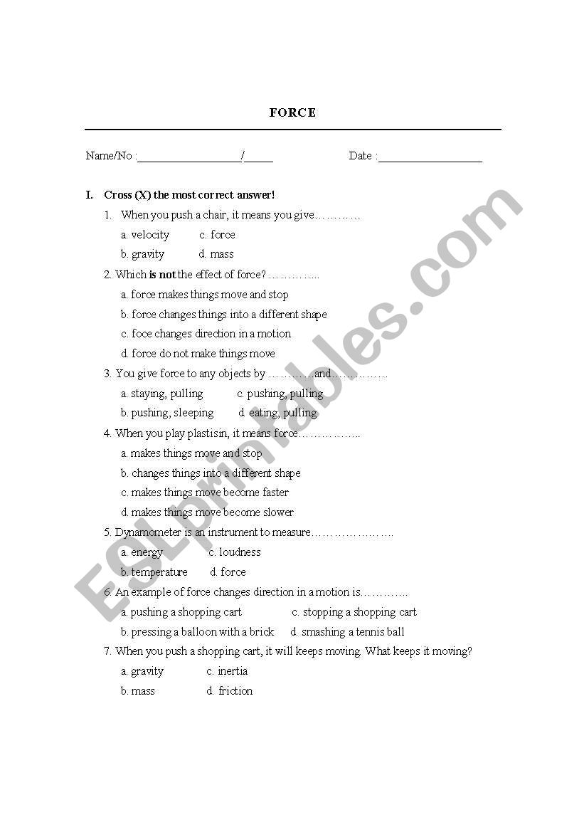 force worksheet