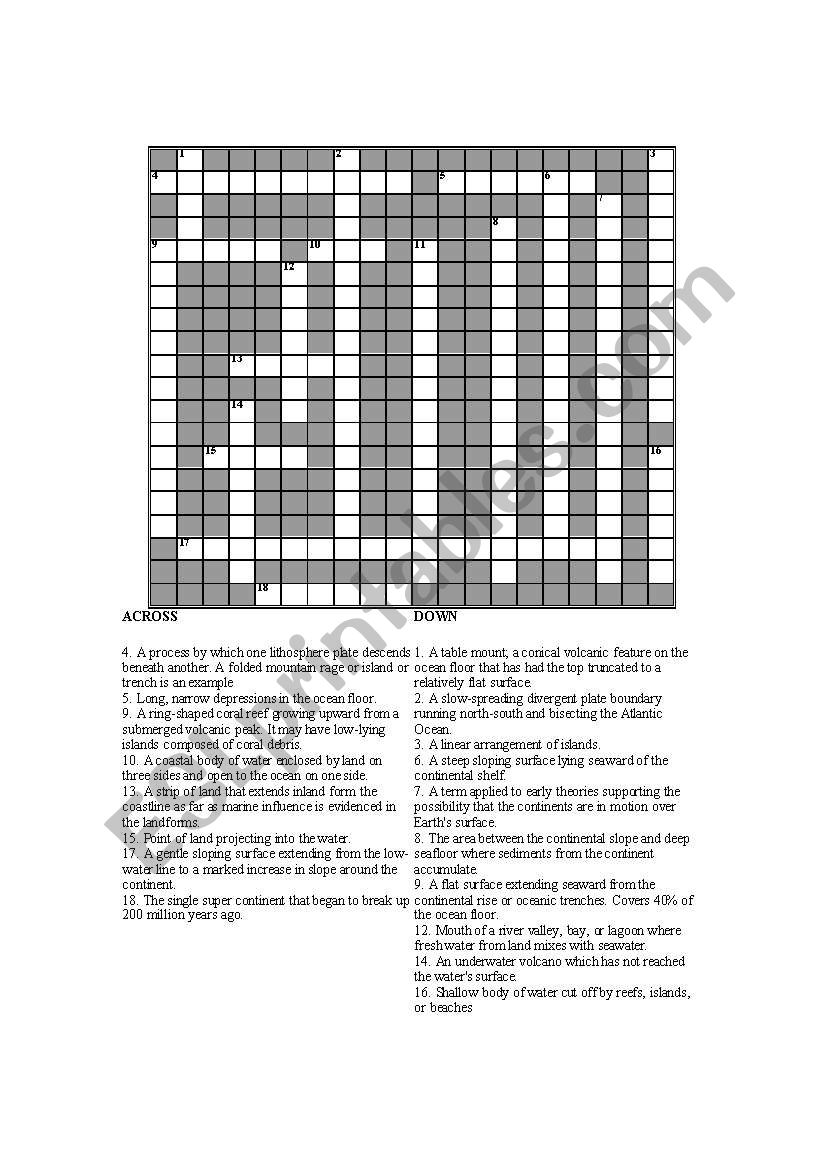 English worksheets: Crossword- Seafloor Features- Physical Oceanography