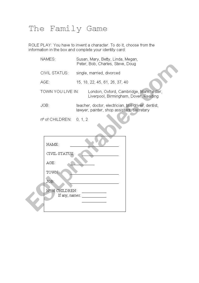 Family members game worksheet