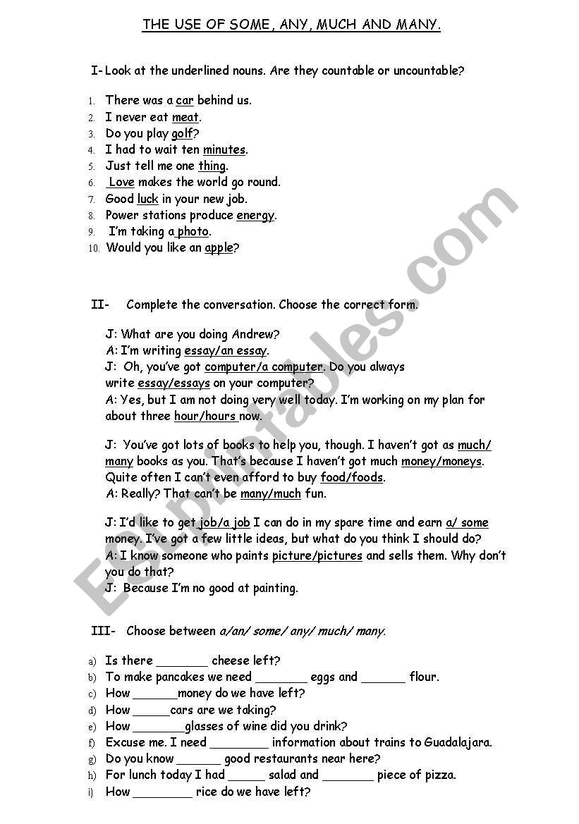 The use of some, any and many worksheet