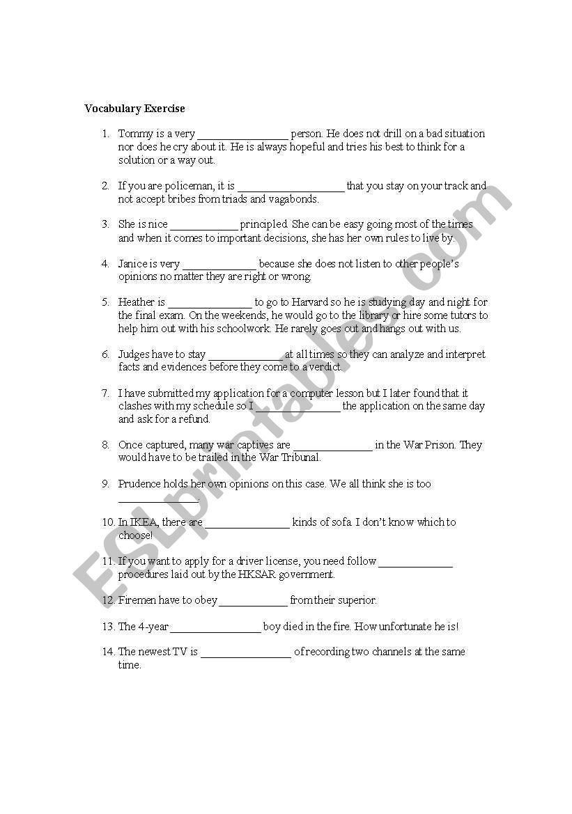 Vocabulary Exercise worksheet