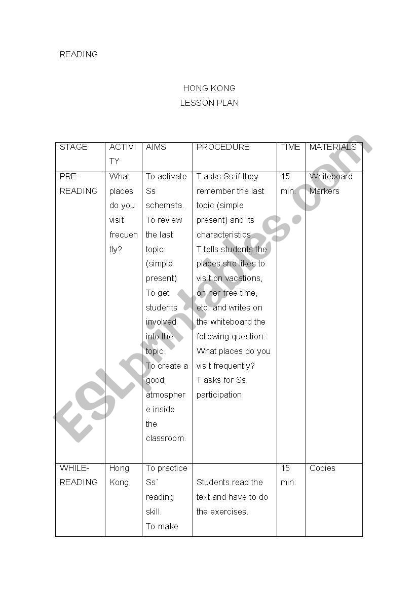 Reading: Hong Kong worksheet