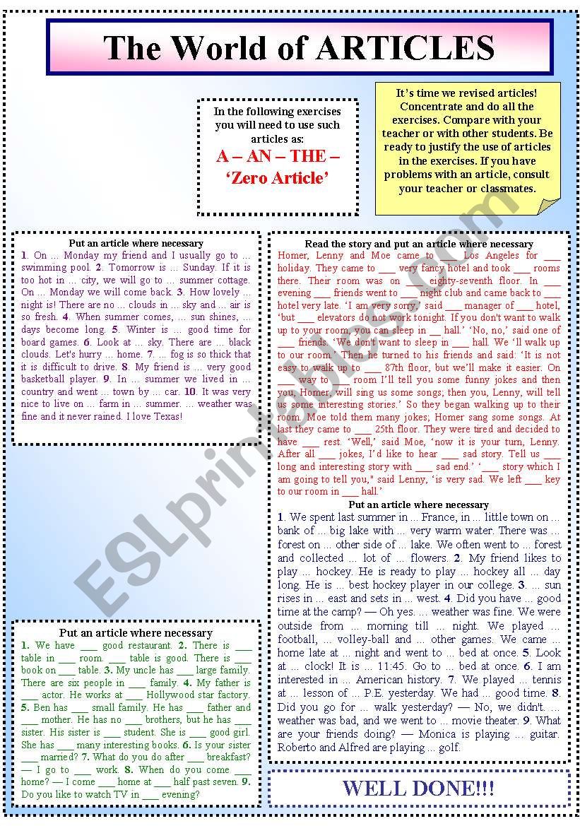 The World of Articles worksheet