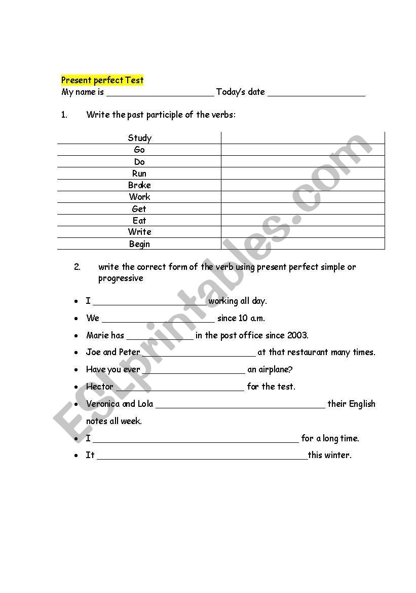 Present Perfect test worksheet