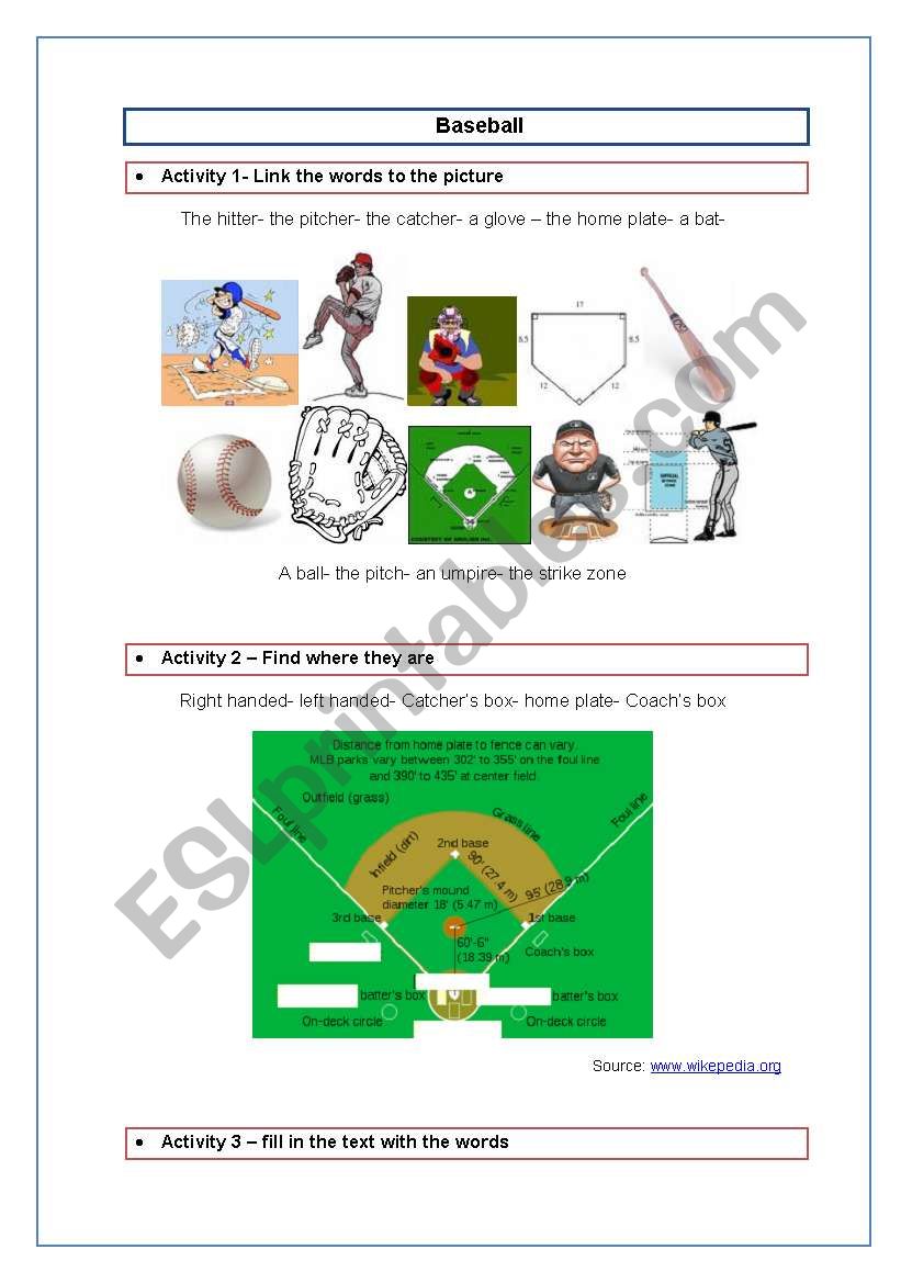 English Worksheets Baseball