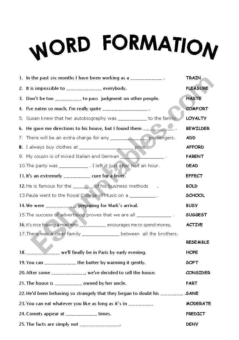 WORD FORMATION 25 Sentences KEY ESL Worksheet By Humanity