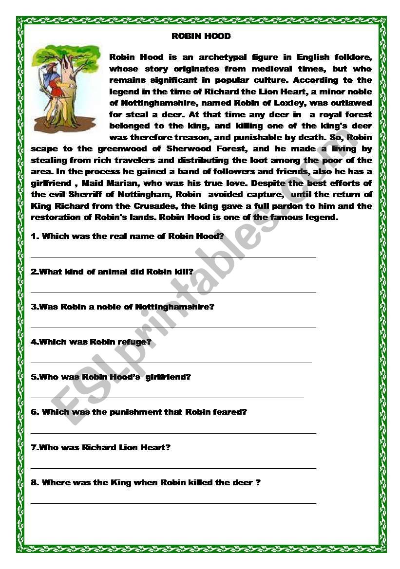 Robin Hood  Reading and WH questions, Match