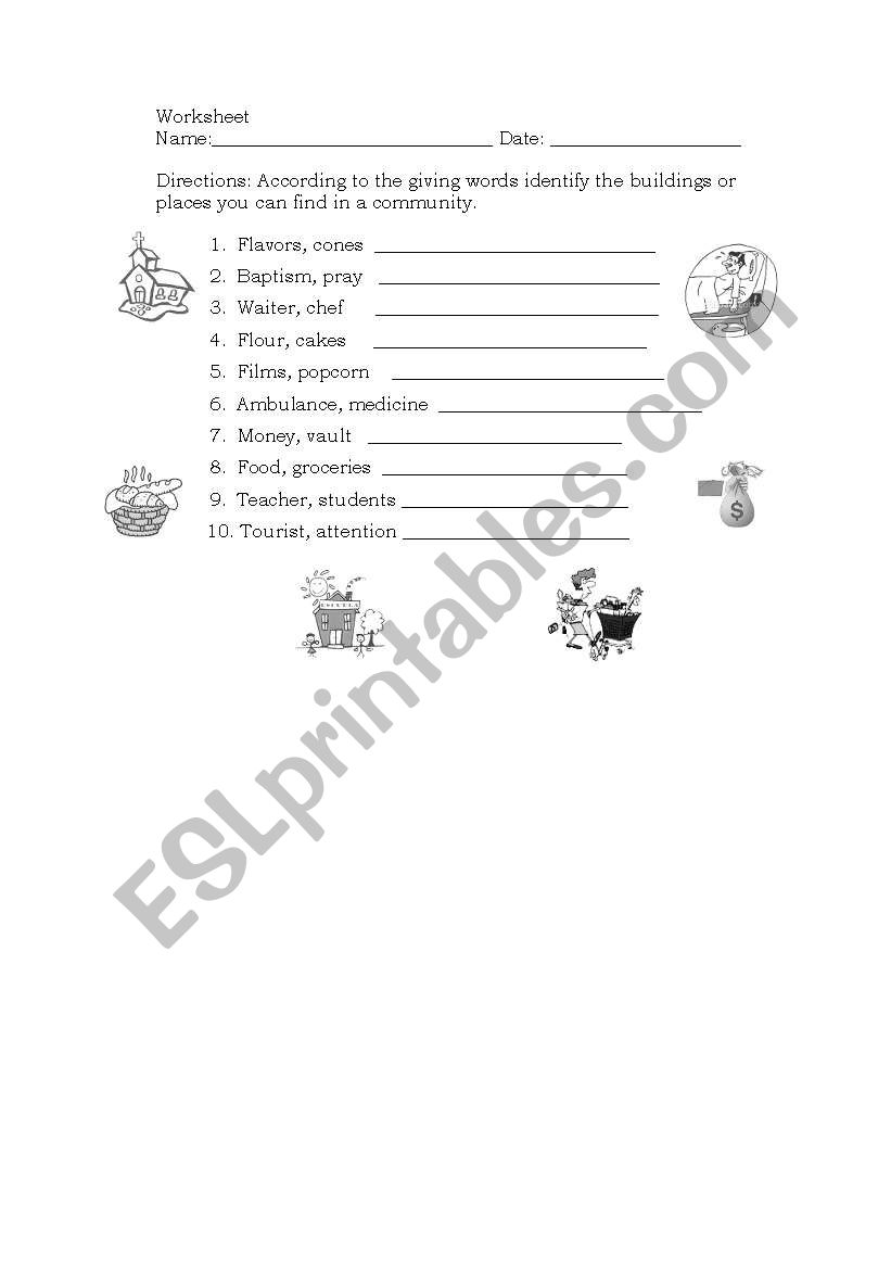 Places in a community worksheet