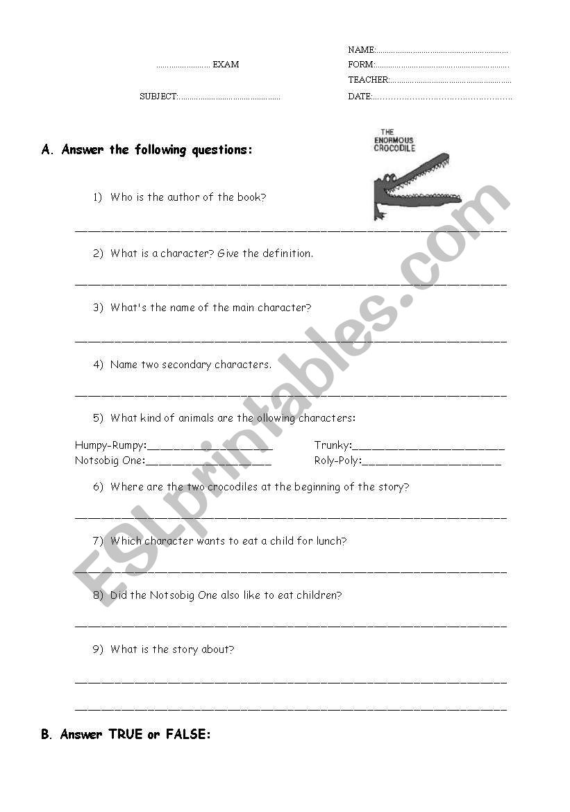 The Enormous Crocodile Exam worksheet