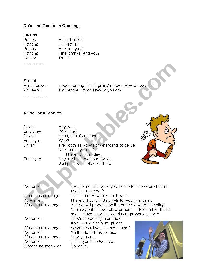 Do´s and Dont´s in Greetings: be formal - ESL worksheet by Dorland