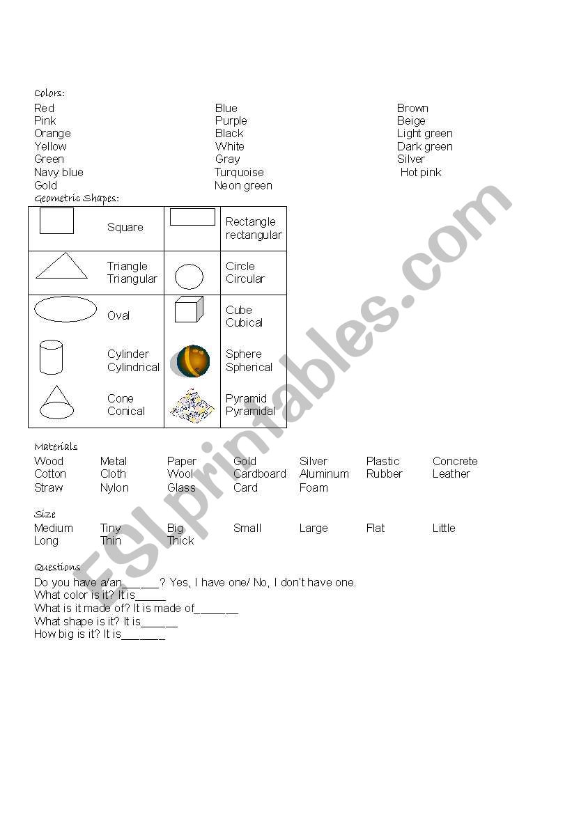 materials and shapes vocabulary