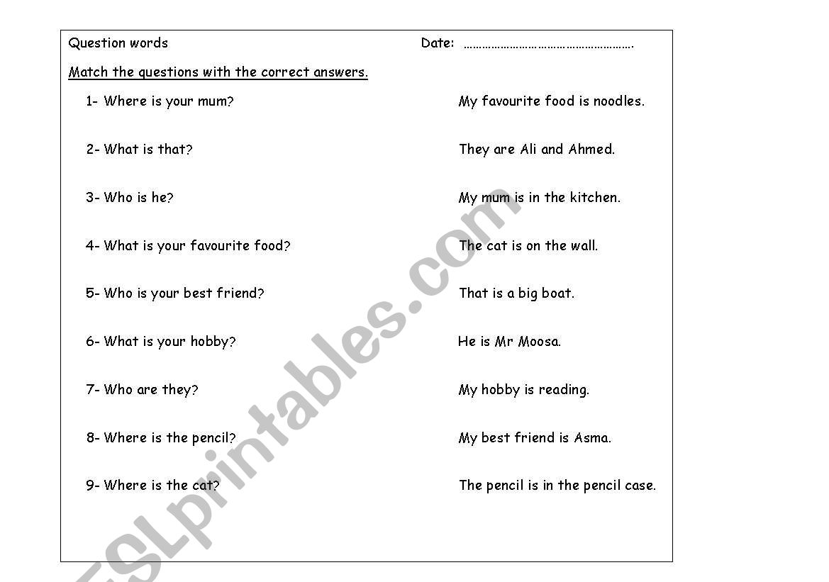 quetion words worksheet