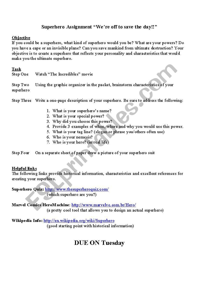 superhero writing assignment worksheet