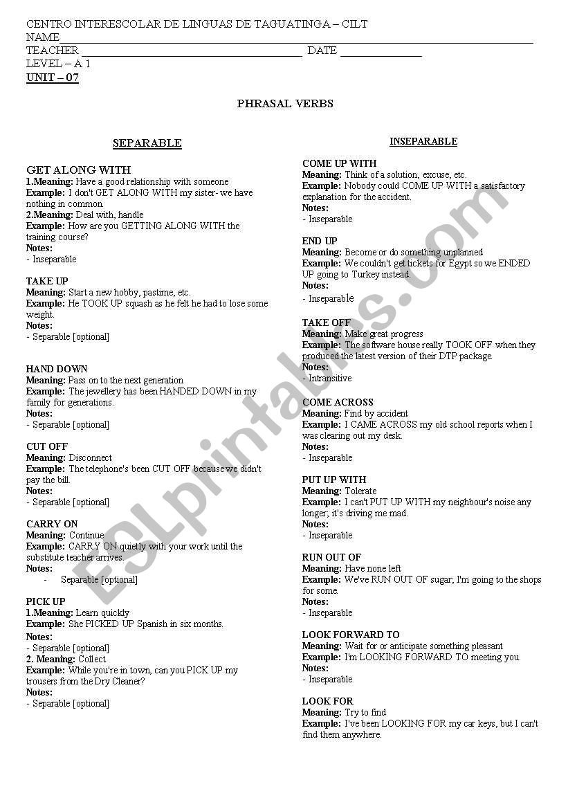 PHRASAL VERBS Separable And Inseparable ESL Worksheet By Carolzinha