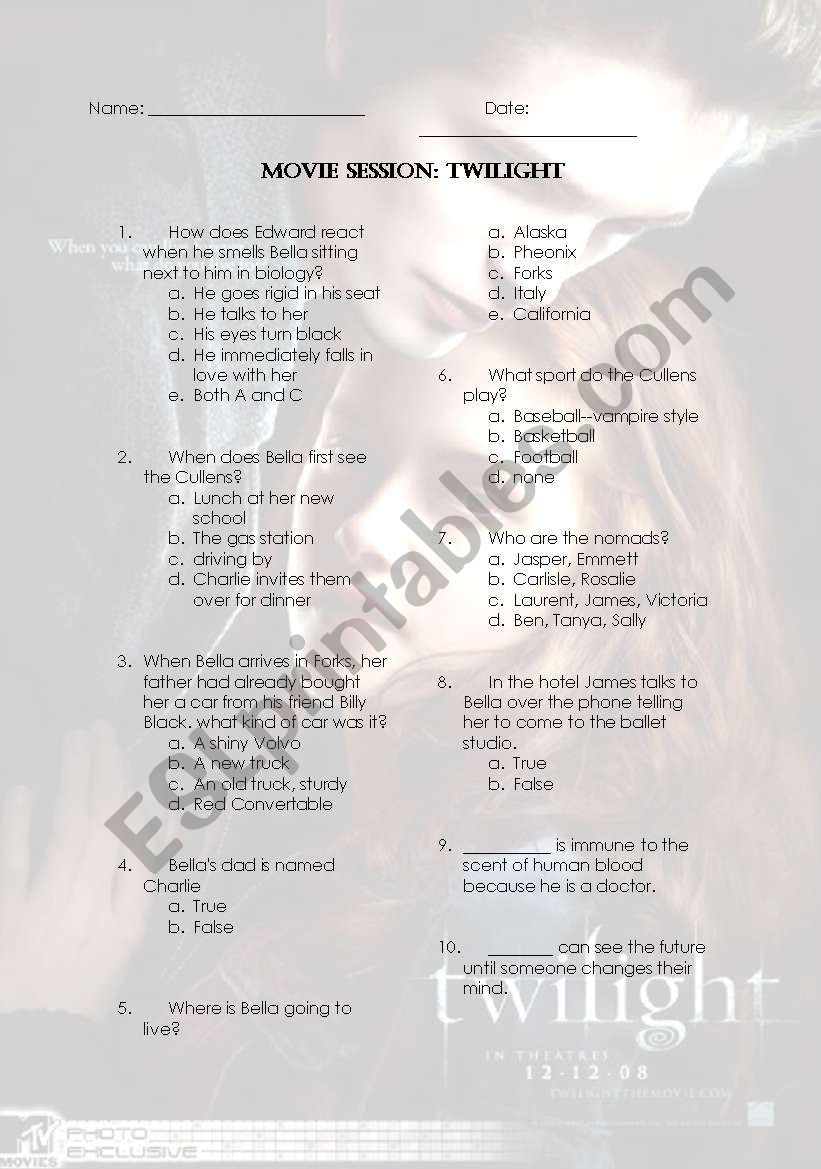 Twilight Movie Session worksheet