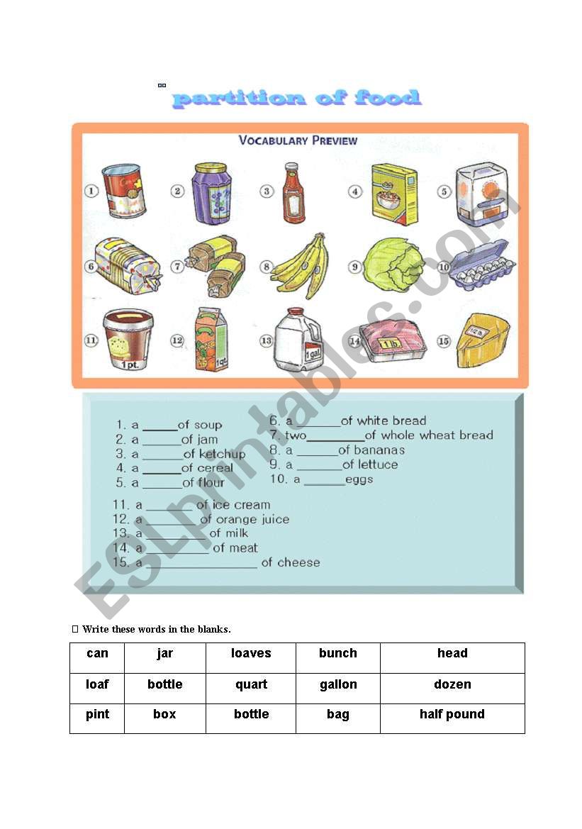 food worksheet