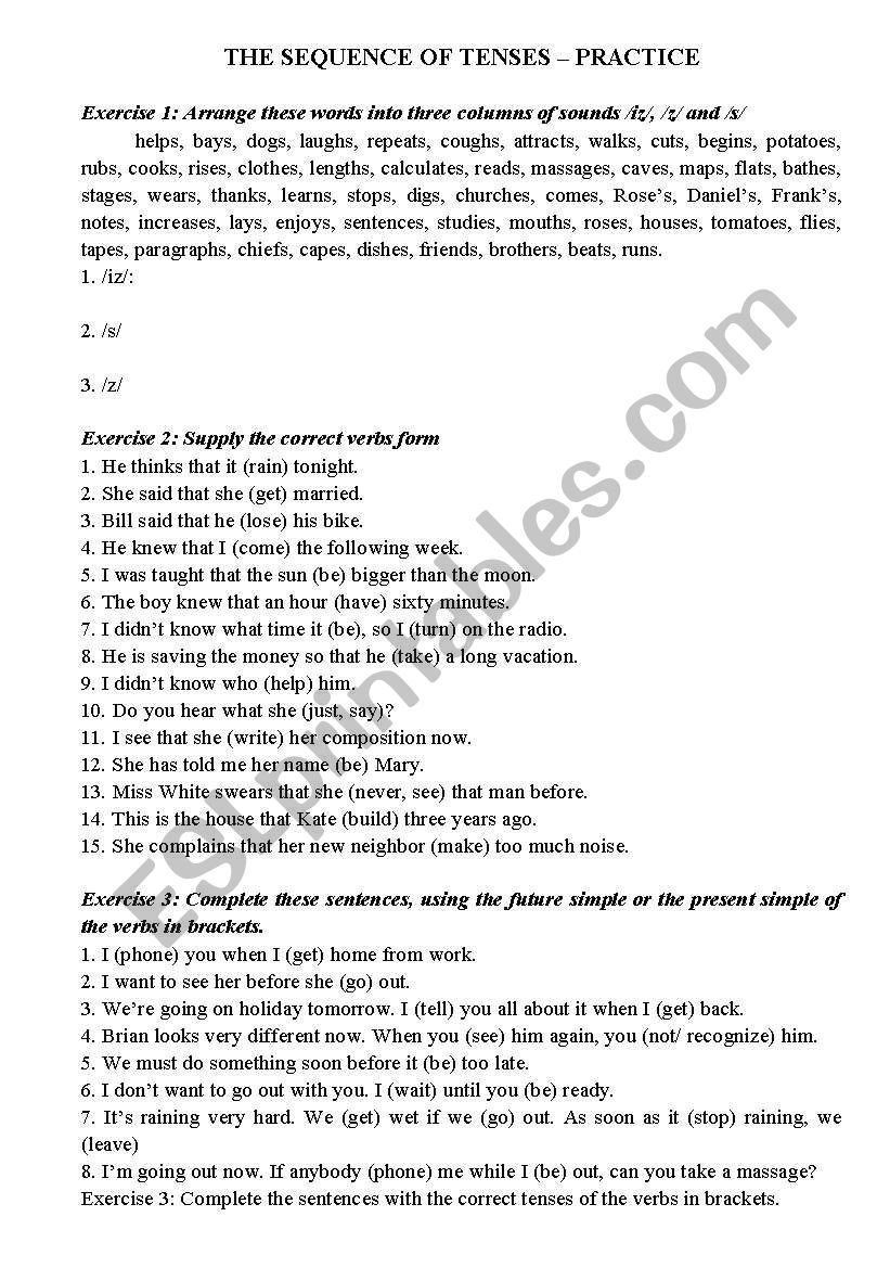 Tenses of verbs worksheet