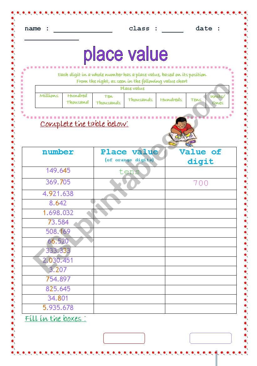 English worksheets: place value