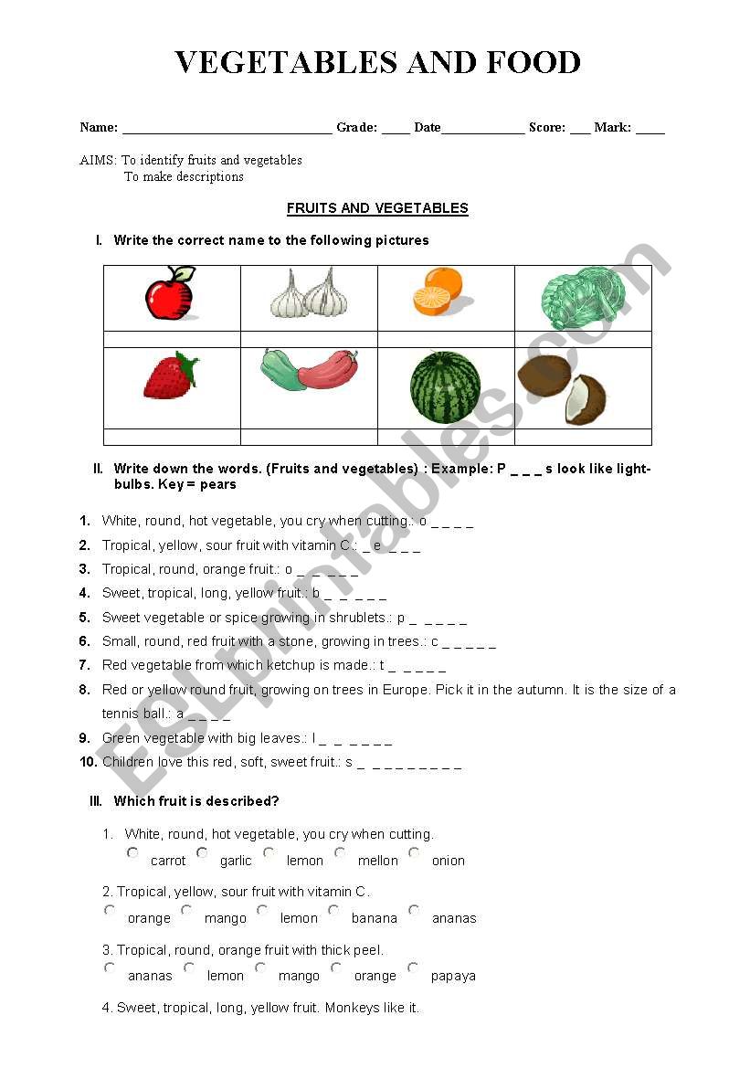 Fruits and vegetables worksheet