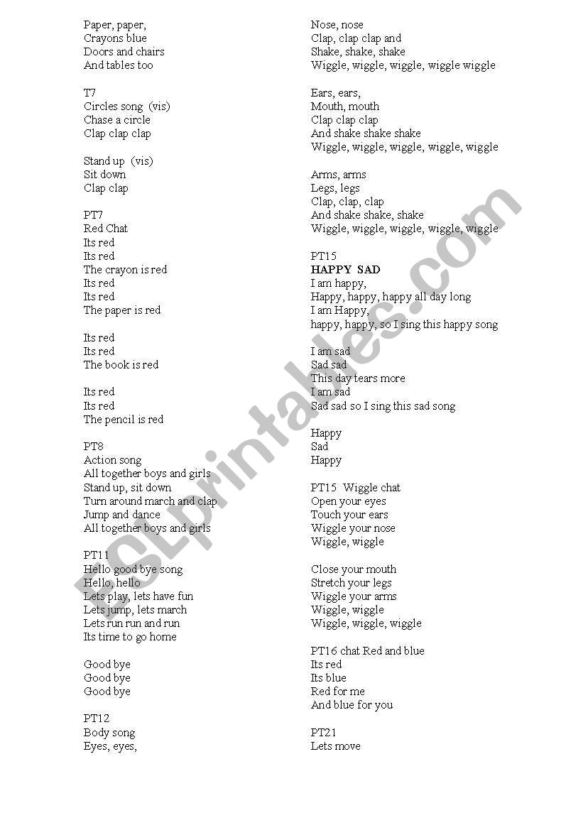 Lyrics of Songs for children  