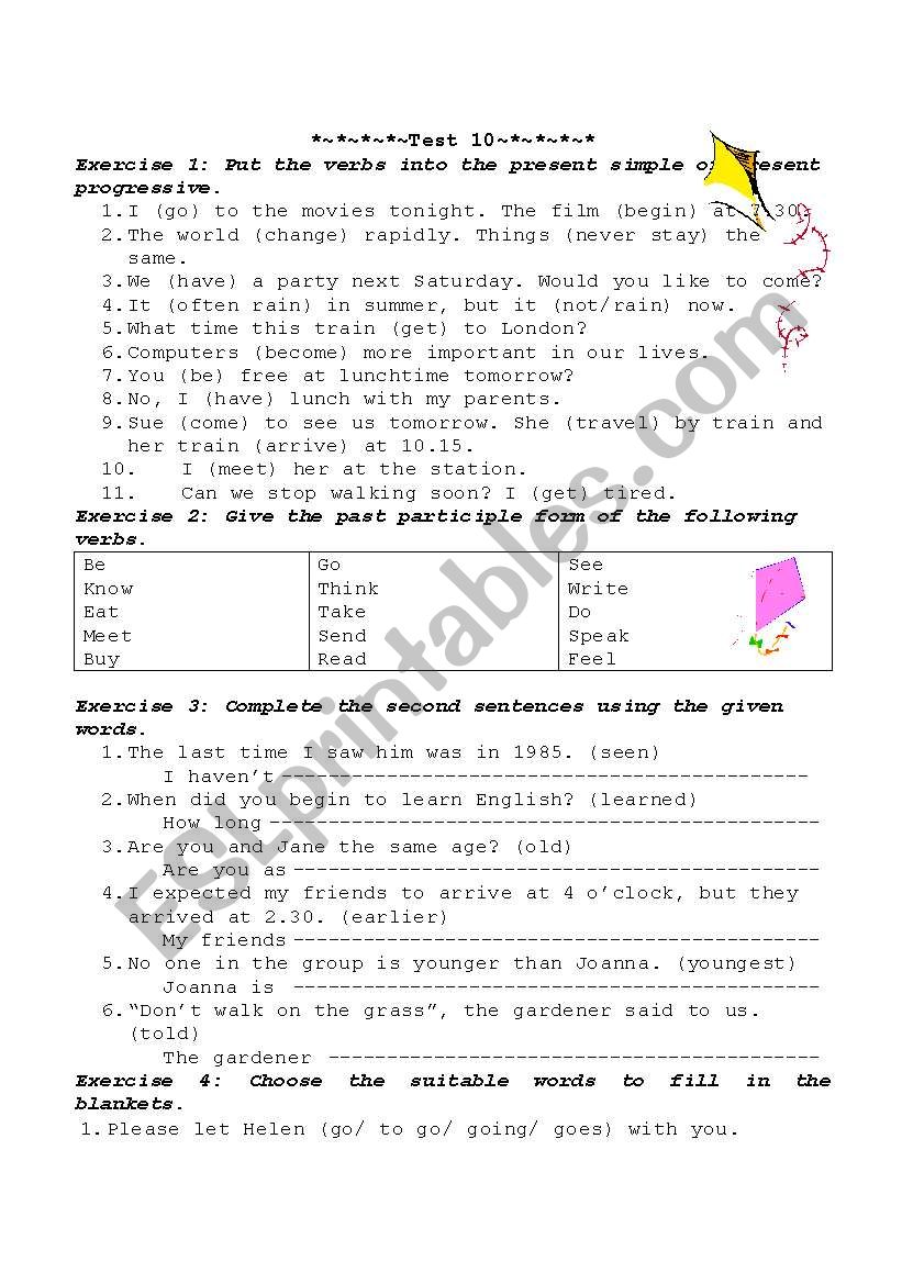 English test 10 worksheet