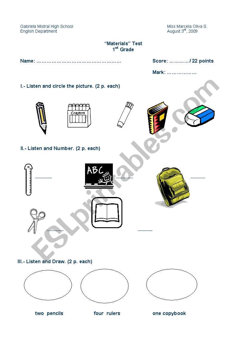 school materials worksheet