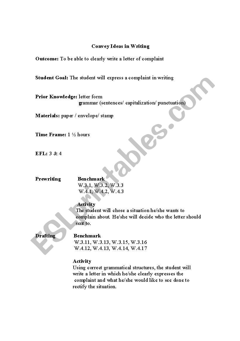 Letter of Complaint worksheet