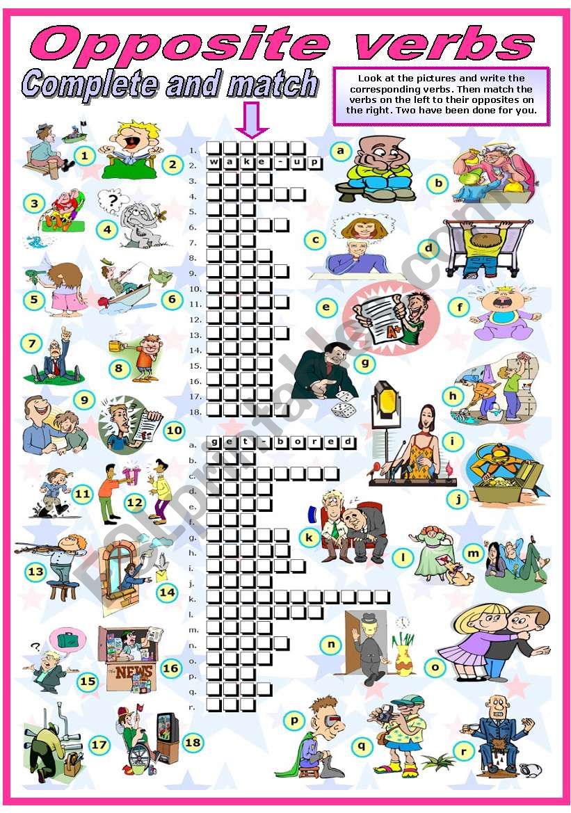 OPPOSITE VERBS COMPLETE AND MATCH B W VERSION INCLUDED ESL 