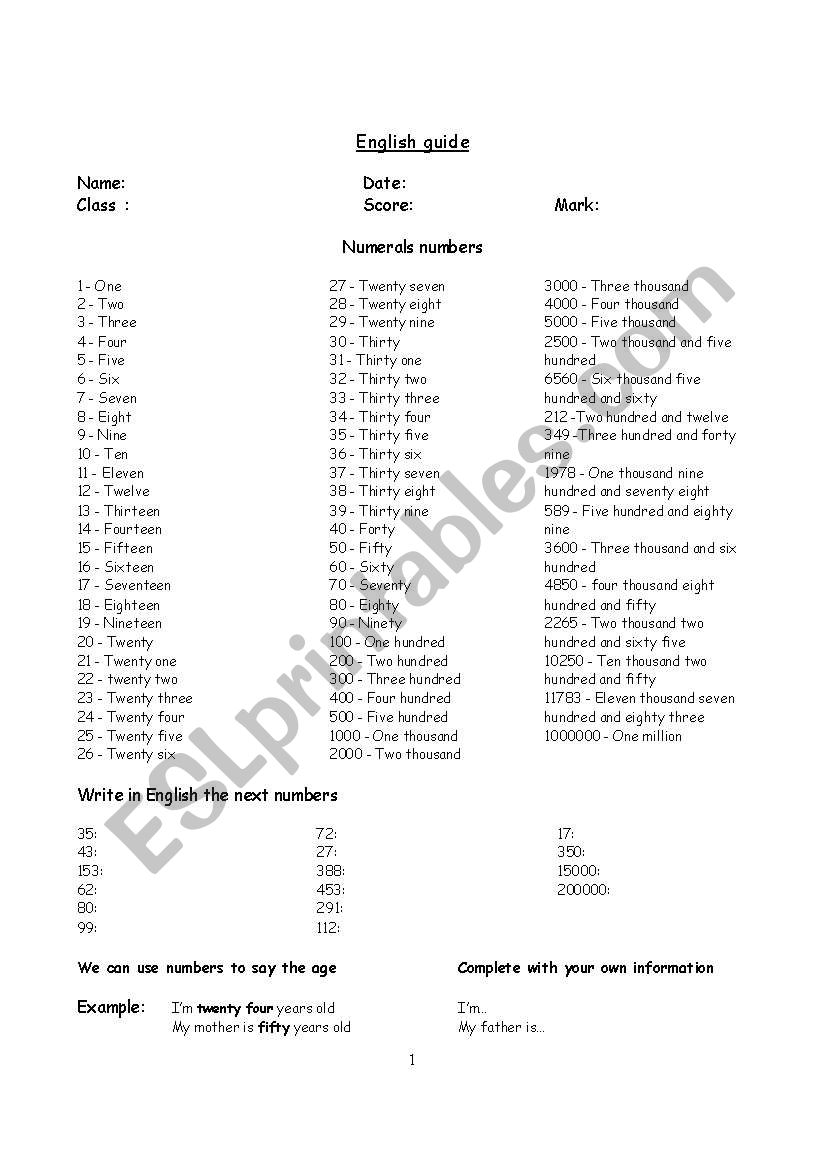 Numbers worksheet