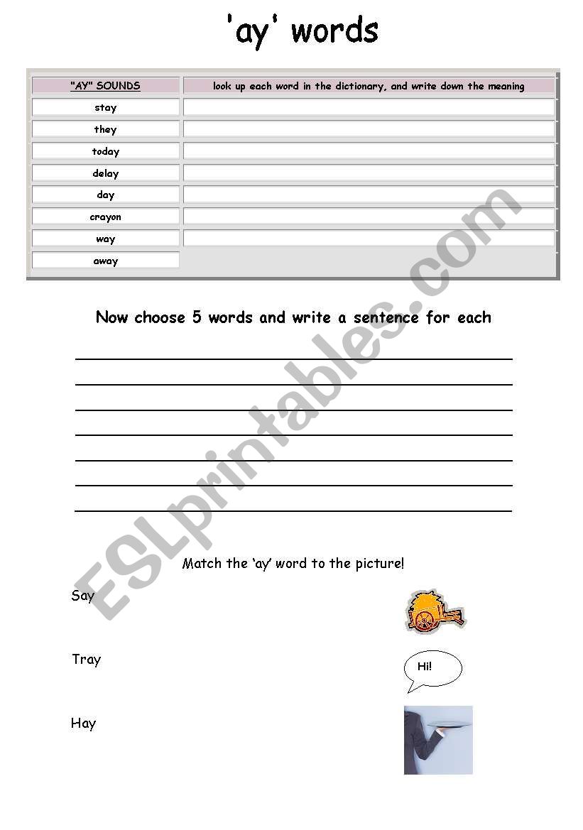 ay words worksheet