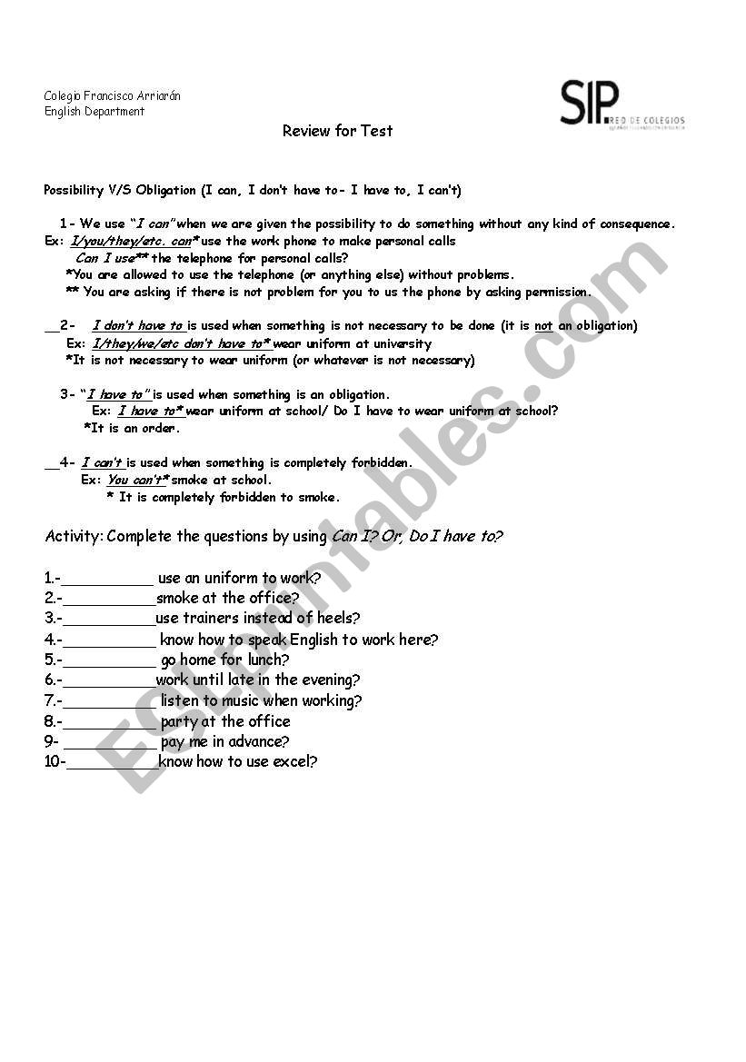 can/ Have to worksheet