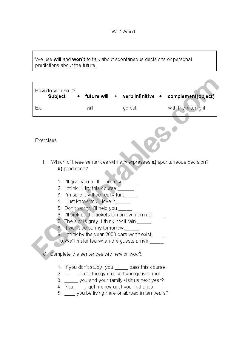 will/wont/while/when worksheet