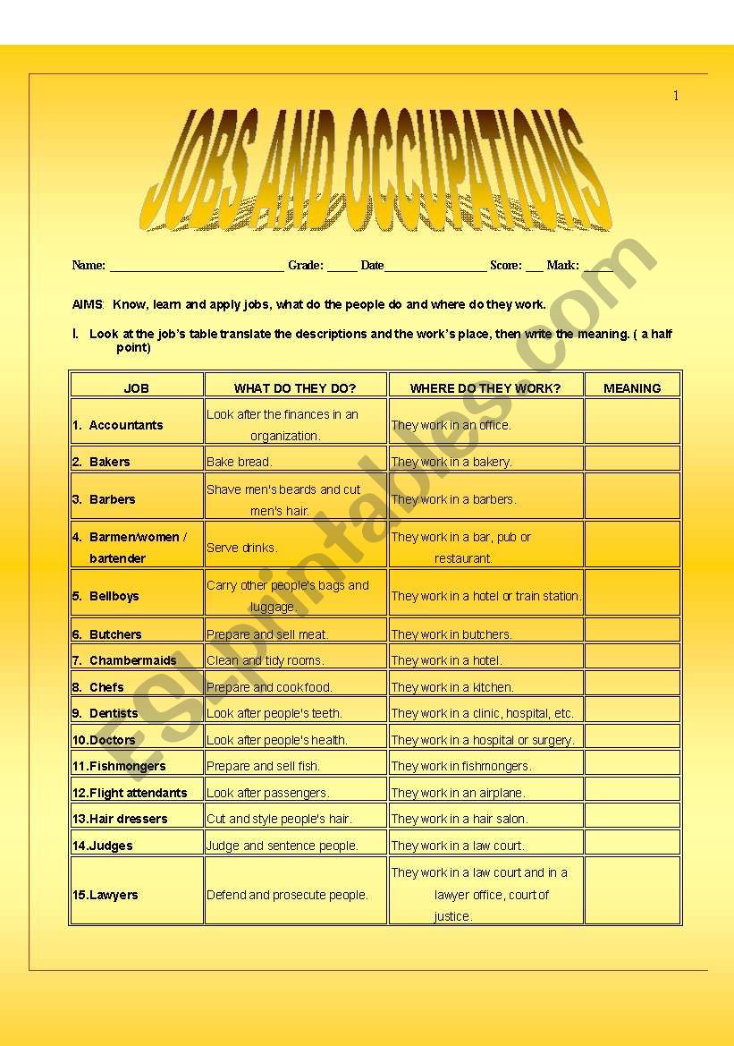 Jobs and occupation worksheet