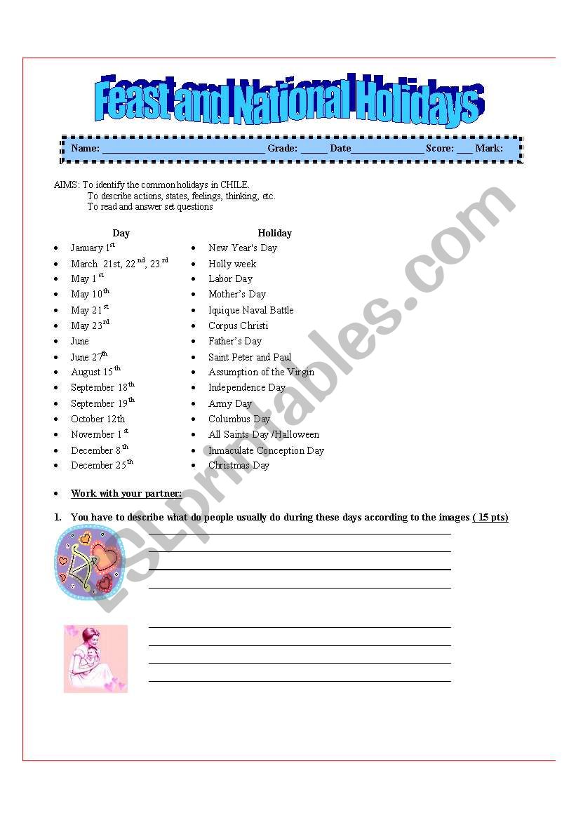 Chilean holidays worksheet