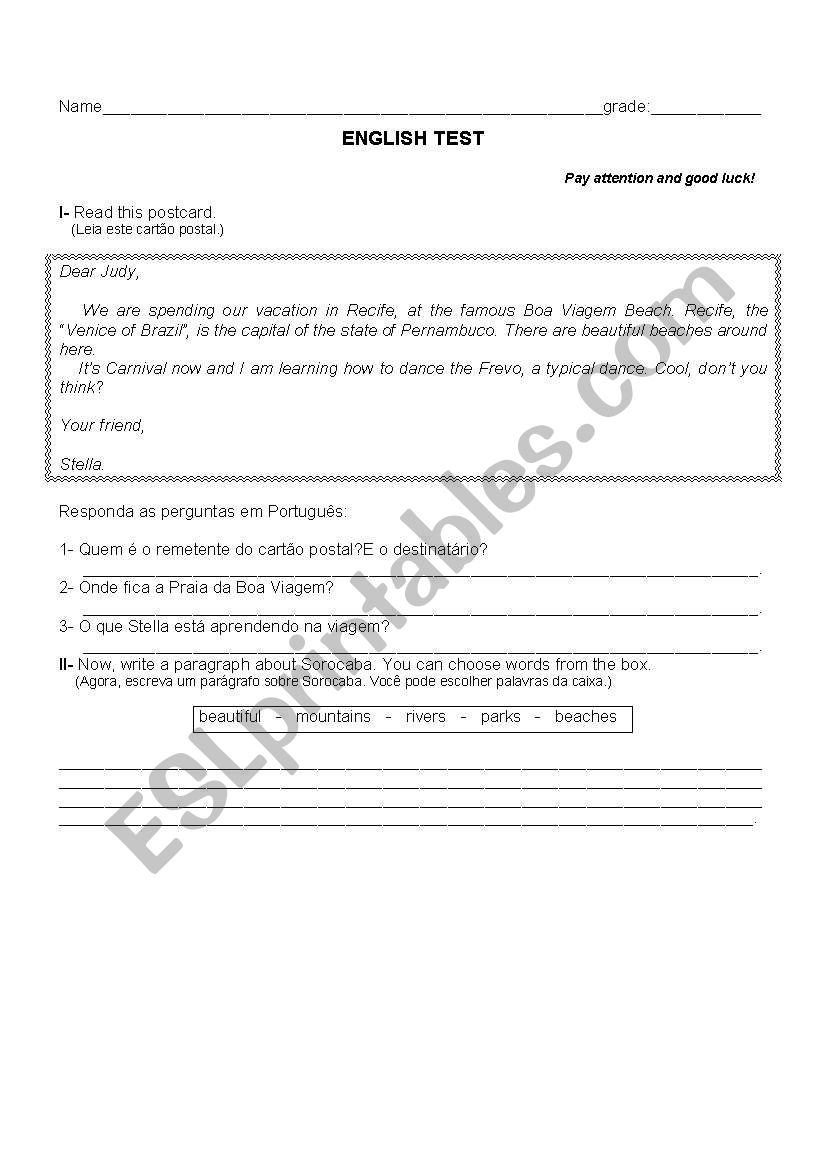 English Test  (I) worksheet