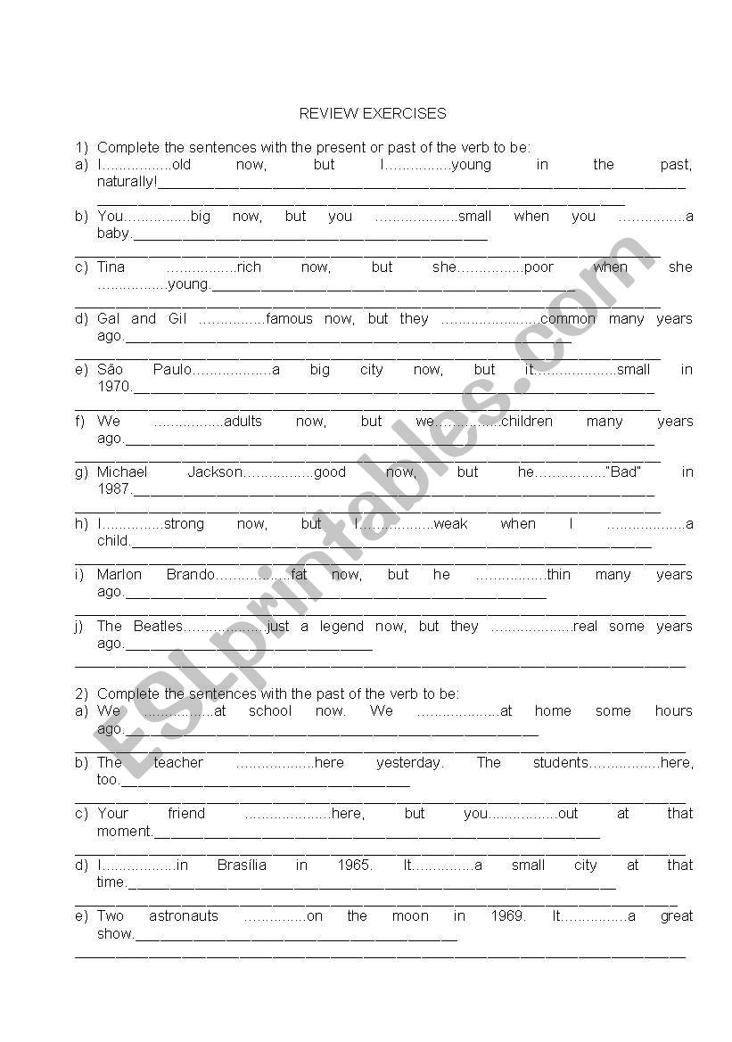 Review Exercises Verb To Be present And Past 