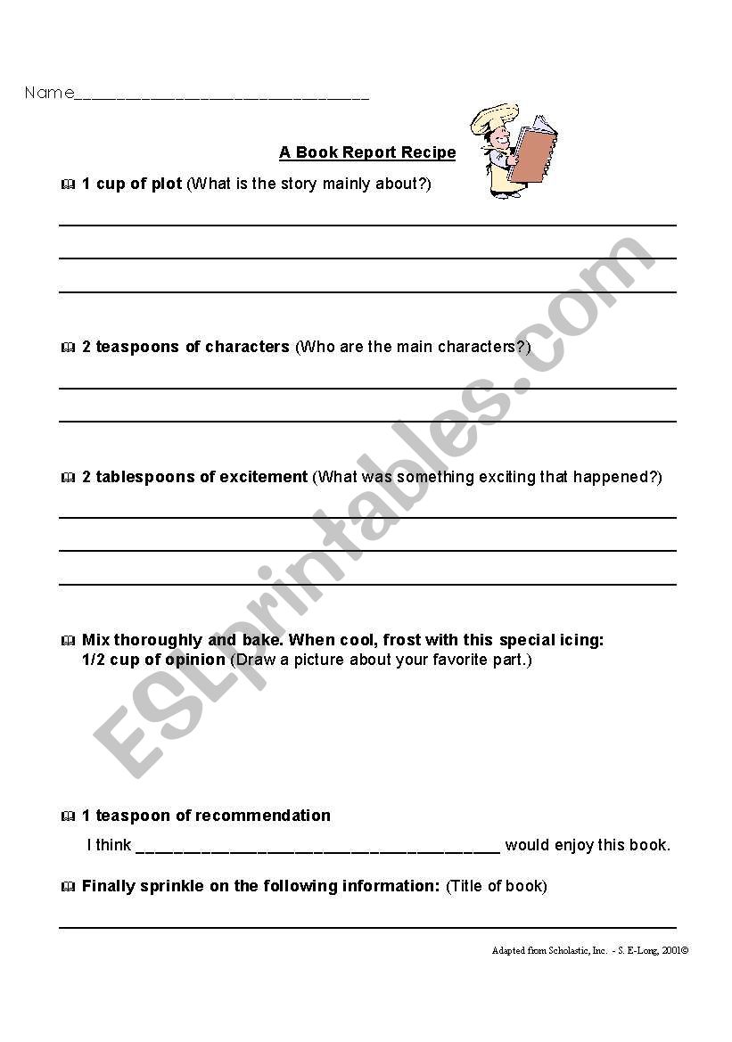 Book Report Recipe 1 worksheet